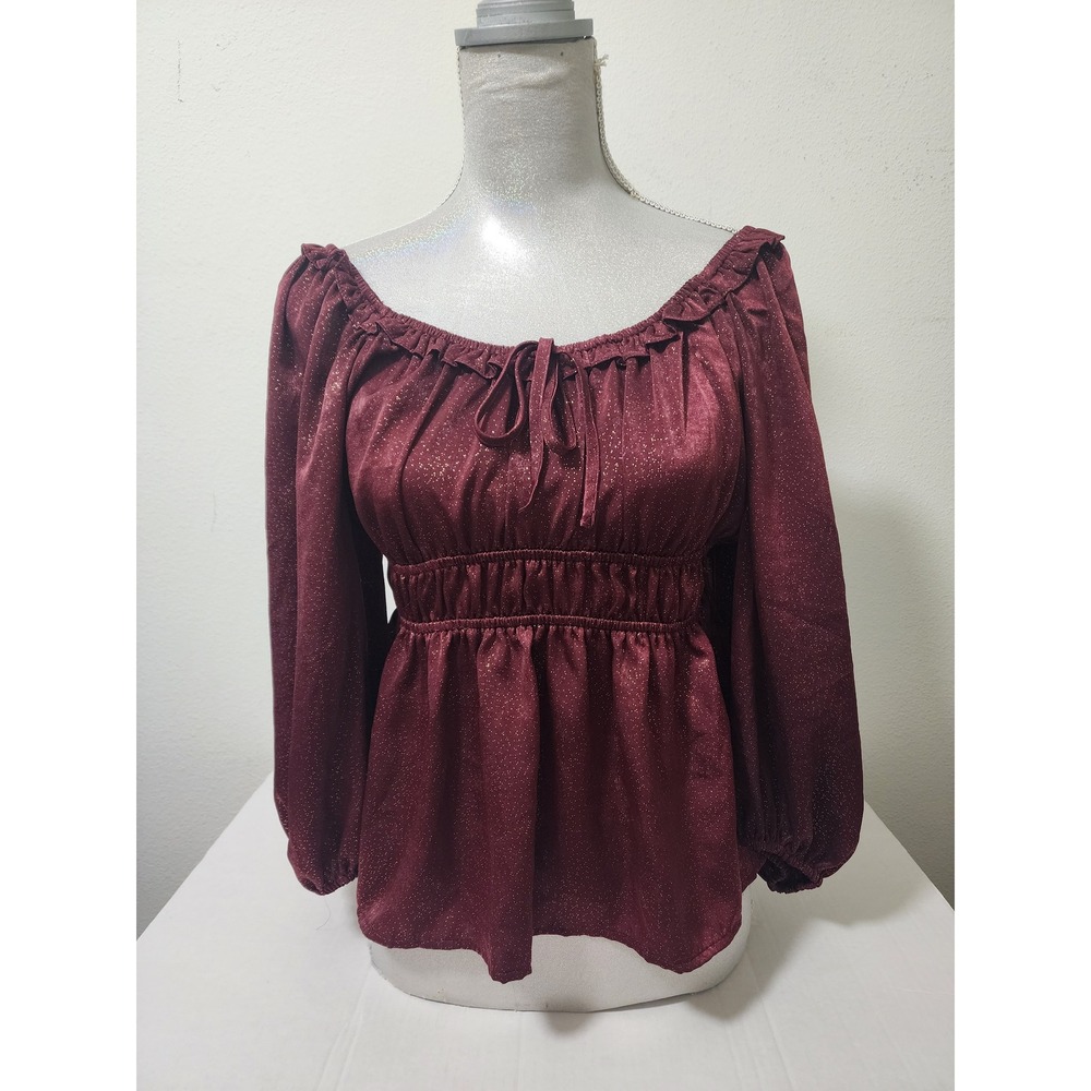 Blu Pepper Burgundy Gold Glitter Smocked Peplum Blouse Top BIFT1027 Womens M